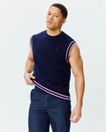 Mens Peter Knit Vest, navy classic fit knit vest with pink double stripe trim on armholes and hem, featuring a small embroidered Psycho Bunny skull logo on the left chest.