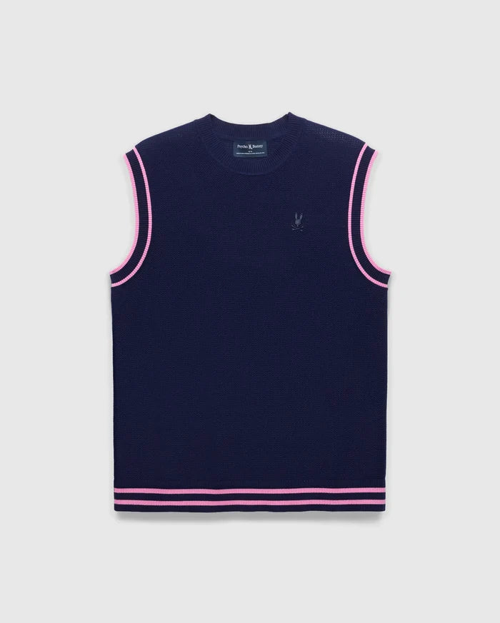 Mens Peter Knit Vest in navy with a classic fit, featuring a fine knit texture, double pink stripes on the armholes and hem, and a small embroidered Psycho Bunny skull logo on the left chest.