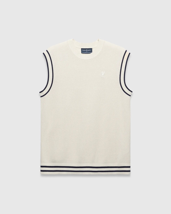 Cream Mens Peter Knit Vest with a fine knit texture, classic fit, navy striped trim on armholes and ribbed hem, featuring a small embroidered white Psycho Bunny skull logo on the left chest.