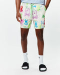 Mens Quintin All Over Print Swim Trunk, a classic fit cream swim trunk with vibrant multi-color Psycho Bunny skull logo and paint splatter all-over print, featuring a neon green drawstring with Psycho Bunny text.