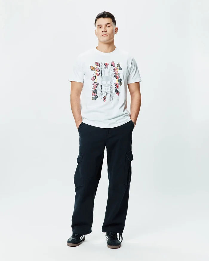 Mens Race Bunny Graphic Tee, a white classic fit jersey t-shirt featuring a large central distressed grey stripe graphic with colorful Psycho Bunny skull motifs.