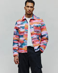 Mens Raphael Jacket, a vibrant multi-color abstract brushstroke jacket with a classic fit, two chest flap pockets, and a small embroidered Psycho Bunny logo on the left chest.