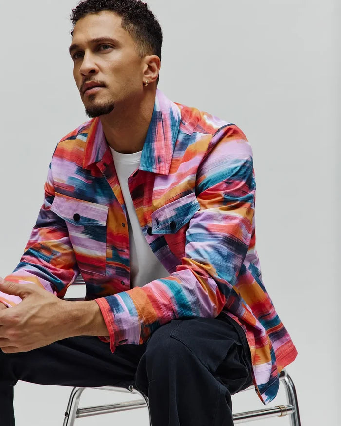 Mens Raphael Jacket in a vibrant, multi-color abstract brushstroke pattern, featuring a classic fit, button-up front, collar, and two chest flap pockets with black buttons.