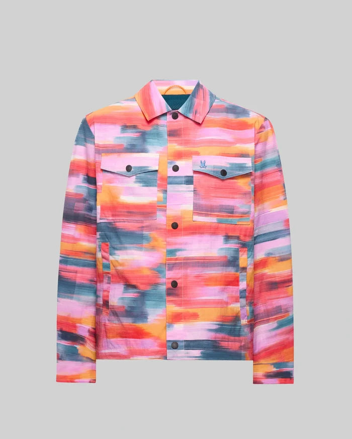 Mens Raphael Jacket in a vibrant multi-color brushstroke pattern, featuring a classic fit, collared design, button-front closure, four pockets, and a small embroidered Psycho Bunny skull logo on the left chest.