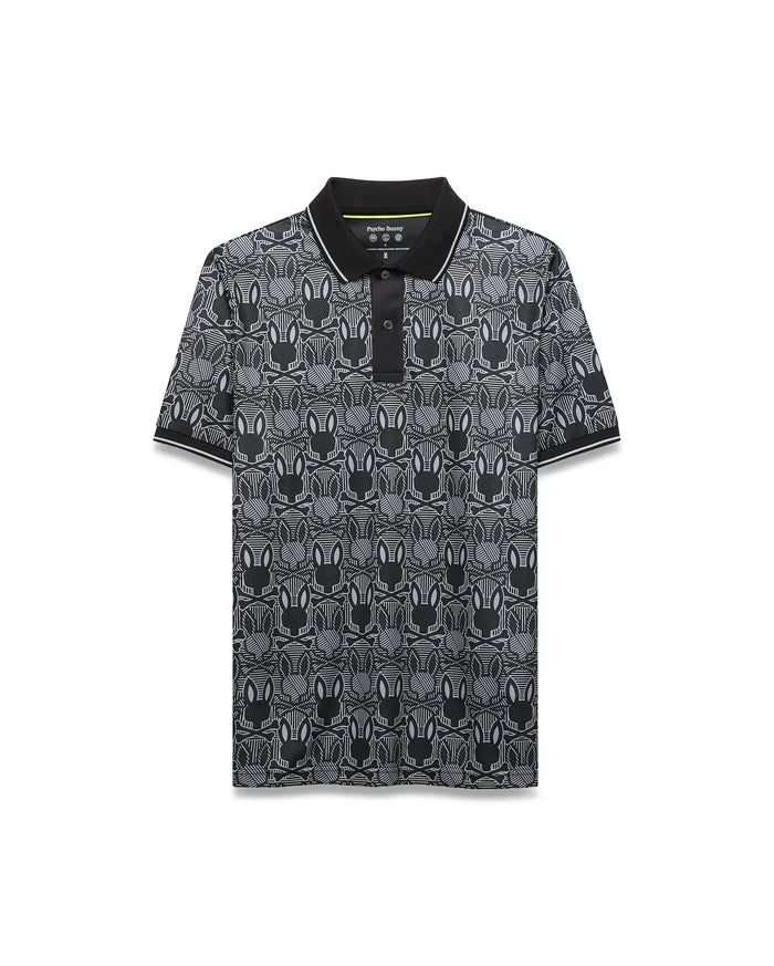 Mens Reeves All Over Bunny Sport Polo, a black classic fit pique polo with an all-over white and grey striped Psycho Bunny skull and crossbones pattern, solid black collar, white tipping.