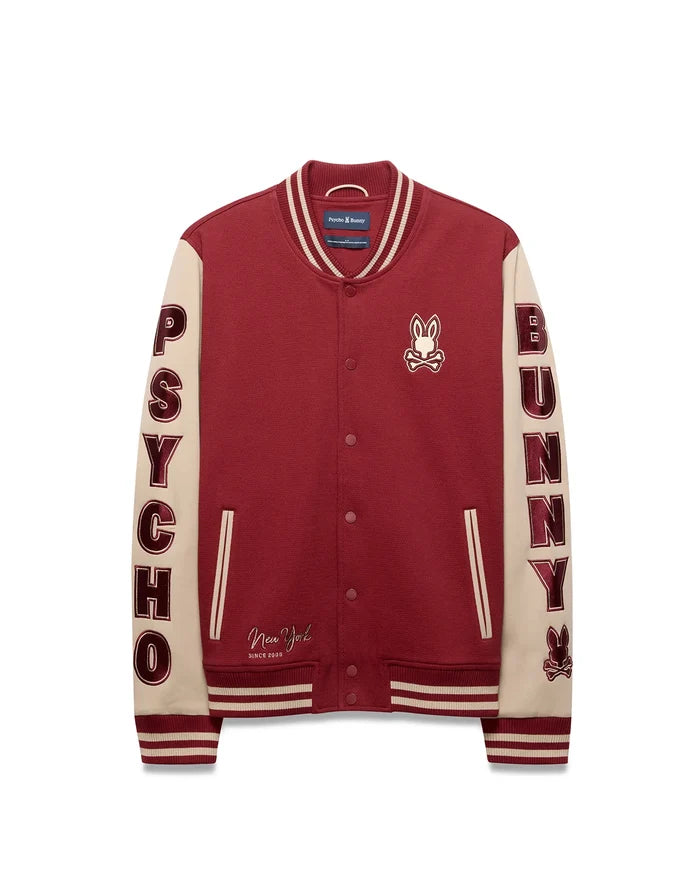 Mens Reilly Knit Bomber in maroon knit with cream sleeves, featuring large embroidered PSYCHO and BUNNY lettering, a chest bunny skull logo, New York Since 2005 detail, and striped ribbed trim.