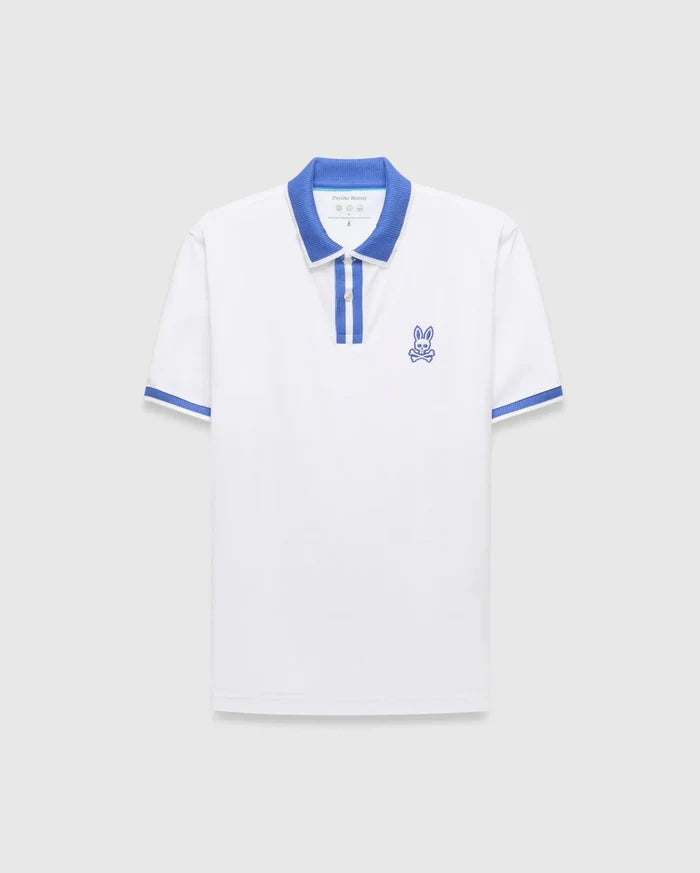 Mens Ridley Pique Polo, white with classic fit, features a blue ribbed collar, two-button placket with blue stripe, blue ribbed cuffs, and an embroidered blue Psycho Bunny skull logo on the left chest.