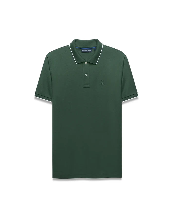 Mens Ringston Pique Polo in dark green pique with white tipping on collar and cuffs, featuring a small embroidered Psycho Bunny skull logo on the left chest, classic fit.