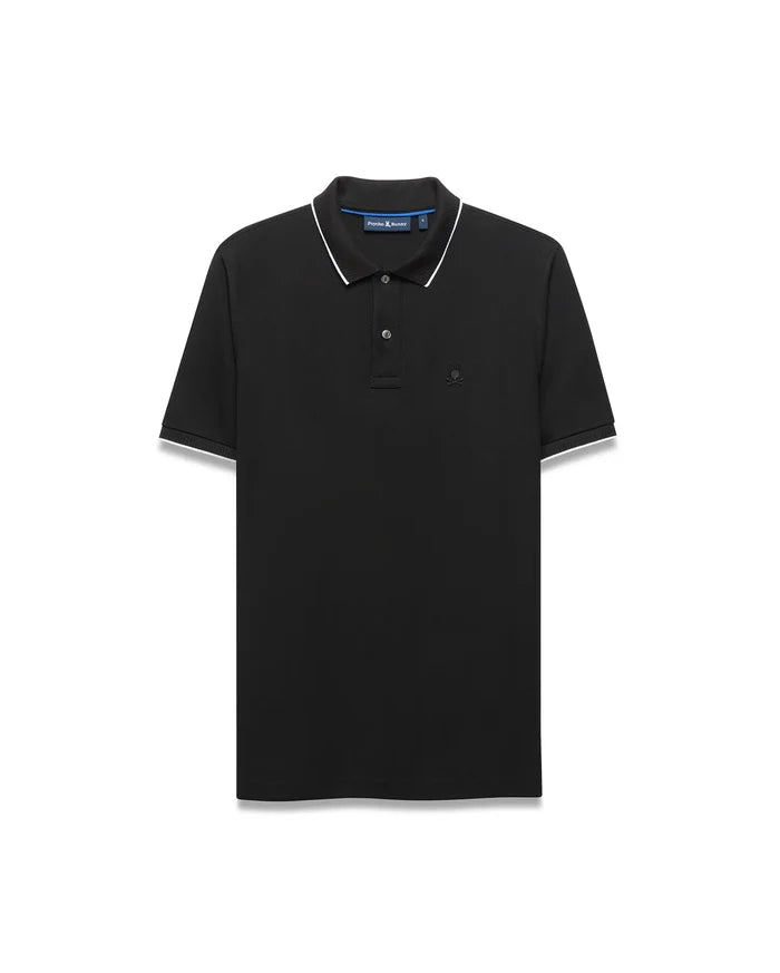 Black Mens Ringston Pique Polo, classic fit, crafted from textured pique fabric. Features a two-button placket, white tipped collar and cuffs, and a small embroidered Psycho Bunny skull logo on the left chest.