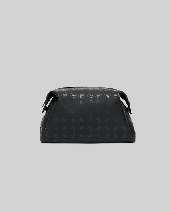 Mens All Over Bunny Toiletry Kit in black, featuring a subtle tonal all-over Psycho Bunny skull logo pattern on a smooth, durable fabric, with a zippered top closure.