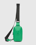 Mens Rubberized Crossbody in vibrant green with a smooth, rubberized texture, featuring a large embossed Psycho Bunny skull logo on the front and an adjustable black strap with Psycho Bunny branding.