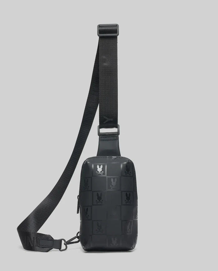 Black Mens Rubberized Crossbody with an all-over embossed checkerboard pattern featuring the iconic Psycho Bunny skull logo and an adjustable strap.