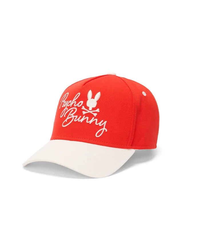 Mens Sable A-Frame Trucker Cap in vibrant red with a cream brim, featuring a large, central embroidered white Psycho Bunny skull and script logo on the front panel.