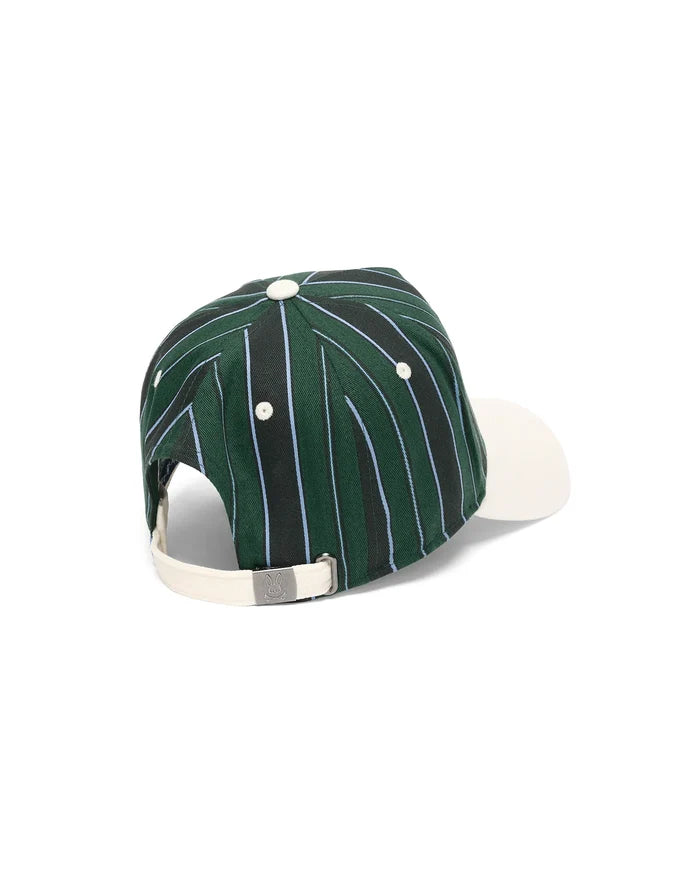 Mens Sable A-Frame Trucker Cap featuring a dark green woven body with black and light blue vertical stripes, an off-white brim, and a small Psycho Bunny skull logo on the metal buckle of the canvas-like adjustable back strap.