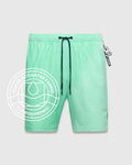 Mens Samos Hydrochromic Printed Swim Trunk 6 in mint green, featuring a subtle hydrochromic bunny skull pattern, dark blue drawstring with Psycho Bunny tips, and an elastic waistband.
