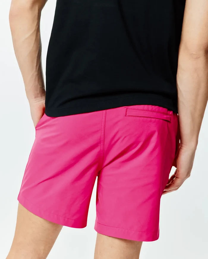 Mens Samos Hydrochromic Printed Swim Trunk 6 in vibrant hot pink, featuring a smooth, quick-dry fabric, relaxed fit, and a discreet back welt pocket.