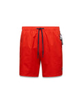 Mens Samos Hydrochromic Printed Swim Trunk in vibrant red, classic fit, smooth fabric, navy drawstring with Psycho Bunny text, small embroidered bunny skull logo, and a Psycho Bunny keychain.