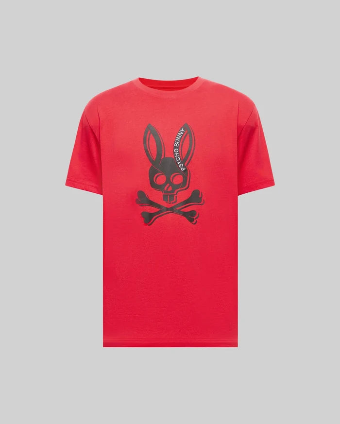 Mens Serge Embroidered Bunny Graphic Tee in vibrant red, showcasing a large central black Psycho Bunny skull and crossbones graphic with curved brand text, on a relaxed fit jersey knit.