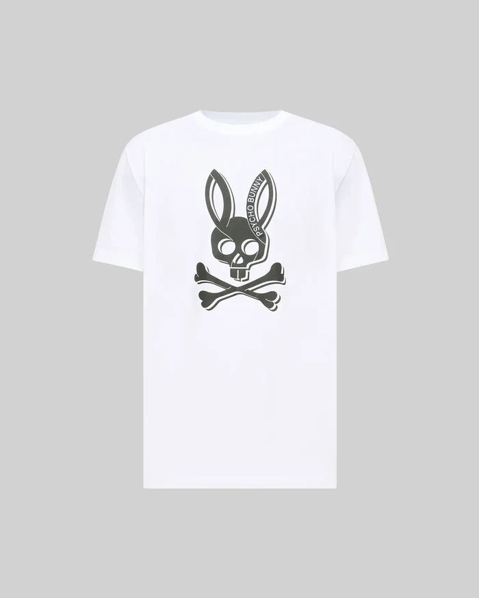 Mens Serge Embroidered Bunny Graphic Tee, a classic fit white jersey t-shirt featuring a large central dark grey embroidered Psycho Bunny skull and crossbones graphic with PSYCHO BUNNY text in the ear.