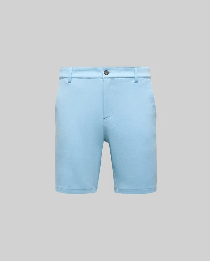 Mens Shiro Twill Short, a refined streetwear piece in sky blue, featuring a classic slim fit, prominent twill fabric texture, dark button closure, and practical belt loops.