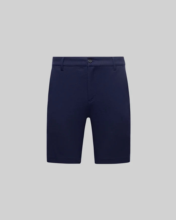 Mens Shiro Twill Short in dark navy, featuring a subtle twill texture, classic fit, flat front, and a small Psycho Bunny logo on the button closure.