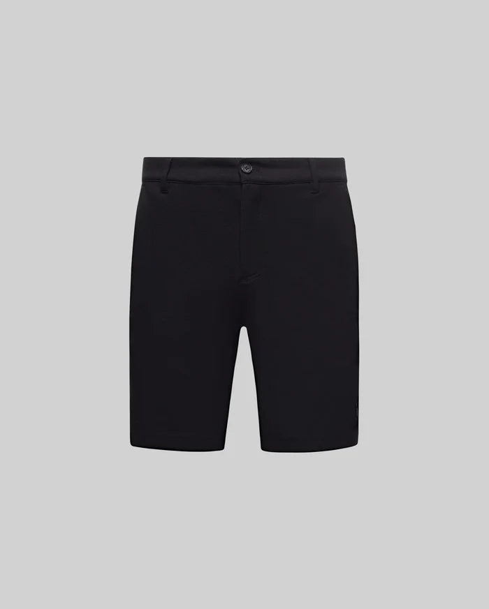 Black Mens Shiro Twill Short, classic fit, featuring a refined twill fabric texture and a small embroidered Psycho Bunny skull logo on the lower left leg.