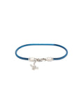 Mens Snake Chain Bracelet featuring a vibrant metallic blue snake chain, silver-tone lobster clasp, and a small dangling silver Psycho Bunny skull logo charm.
