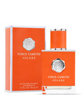 A vibrant orange box and matching bottle of Vince Camuto Men’s Solare 1.7 oz Eau de Toilette Spray, adorned with silver accents and embossed logos. This woody oriental men’s fragrance by Vince Camuto comes in a 1.7 fl oz (50 ml) bottle filled with an alluring scent.