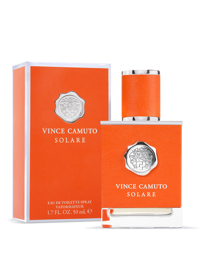 A vibrant orange box and matching bottle of Vince Camuto Men’s Solare 1.7 oz Eau de Toilette Spray, adorned with silver accents and embossed logos. This woody oriental men’s fragrance by Vince Camuto comes in a 1.7 fl oz (50 ml) bottle filled with an alluring scent.