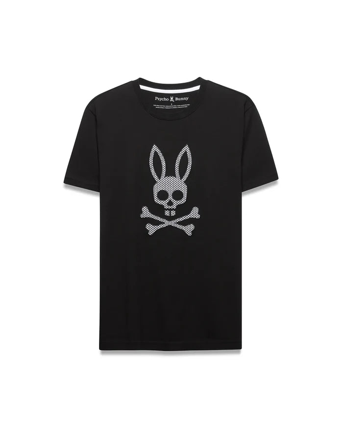 Black Mens Stan Graphic Tee, classic fit, smooth jersey knit, showcasing a large central white perforated Psycho Bunny skull logo graphic.