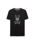 Black Mens Stan Graphic Tee, classic fit, smooth jersey knit, showcasing a large central white perforated Psycho Bunny skull logo graphic.