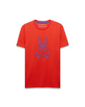 Mens Stan Graphic Tee, a vibrant red classic fit jersey t-shirt with a large, textured purple-blue Psycho Bunny skull and crossbones graphic on the center chest.