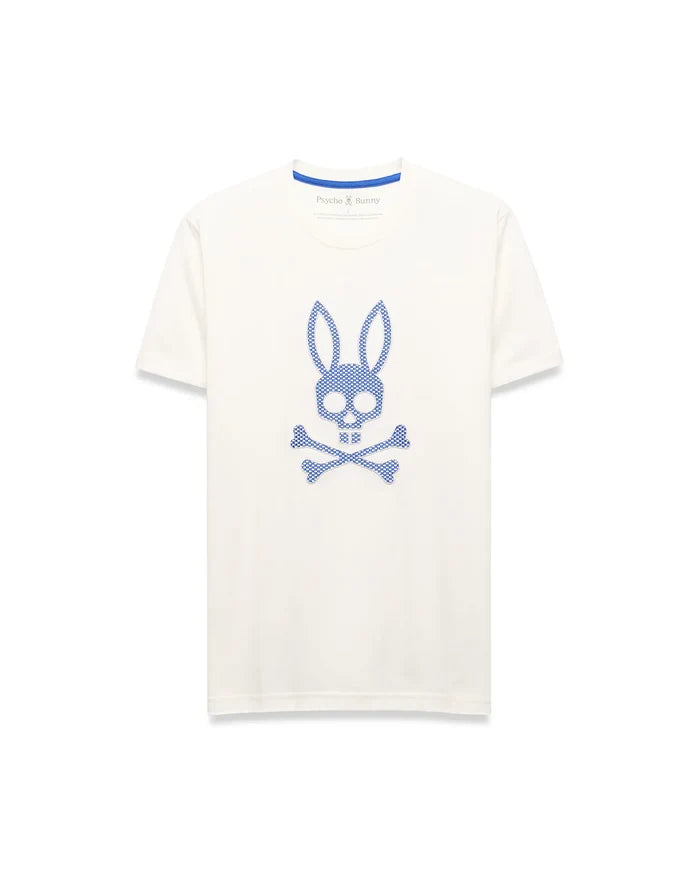Mens Stan Graphic Tee, cream classic fit jersey knit t-shirt featuring a large central blue dotted Psycho Bunny skull logo and blue inner collar trim.