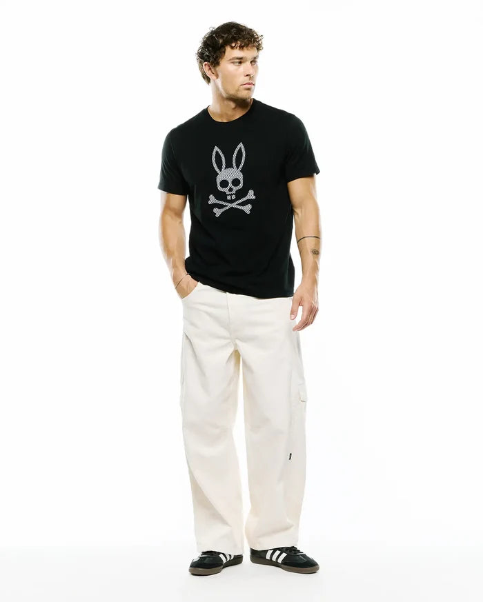Mens Stan Graphic Tee, a black classic fit jersey t-shirt featuring a prominent white Psycho Bunny skull and crossbones graphic print on the center chest.