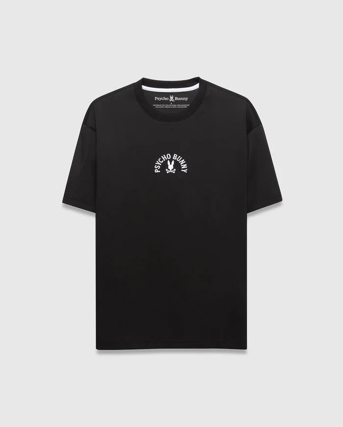 Mens Stevie Relaxed Fit Tee in black jersey knit, featuring a small, iconic white Psycho Bunny skull logo with curved PSYCHO and BUNNY text on the chest, plus a subtle white neck trim.