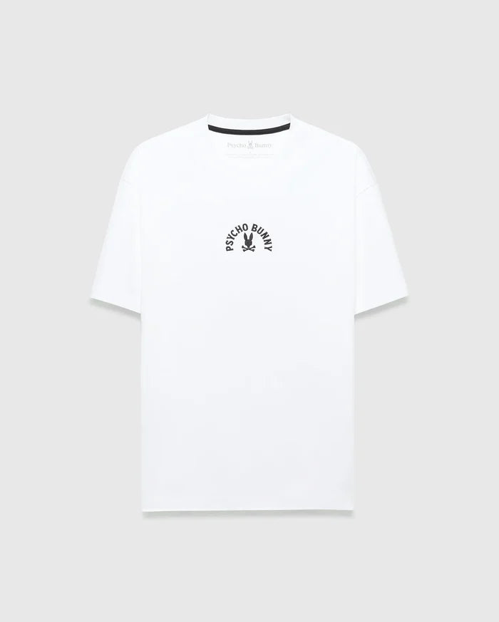 White Mens Stevie Relaxed Fit Tee in smooth jersey fabric, featuring a small black arched Psycho Bunny text and skull bunny graphic on the central chest.
