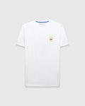Mens Sunny Chest Graphic Tee, a classic fit white jersey t-shirt featuring a small embroidered gold Psycho Bunny skull logo with black sunglasses and white crossbones on the left chest, with blue inner collar trim.
