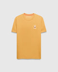 Mens Sunny Chest Graphic Tee. Golden yellow classic fit jersey t-shirt with a small embroidered Psycho Bunny skull logo wearing sunglasses on the left chest, featuring orange neck tape.