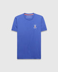 Mens Sunny Chest Graphic Tee, a classic fit blue jersey t-shirt featuring a small embroidered white Psycho Bunny skull logo with red sunglasses on the left chest and orange neck tape.