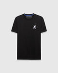 Black classic fit jersey T-shirt featuring a small embroidered white Psycho Bunny skull and crossbones logo with blue sunglasses on the left chest. Mens Sunny Chest Graphic Tee.