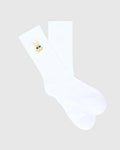 White Mens Sunny Sport Sock featuring a small, embroidered gold and blue Psycho Bunny skull logo with sunglasses on the outer cuff, crafted from smooth knit fabric.