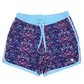 Burlebo Patriotic Paisley Men's Swim Trunks, sizes S-XXL. Front view of red, white, and blue paisley print swim trunks with light blue waistband, drawstring, and trim.
