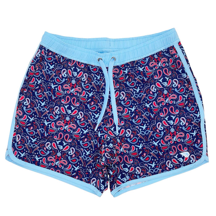 Burlebo Patriotic Paisley Men's Swim Trunks, sizes S-XXL. Front view of red, white, and blue paisley print swim trunks with light blue waistband, drawstring, and trim.