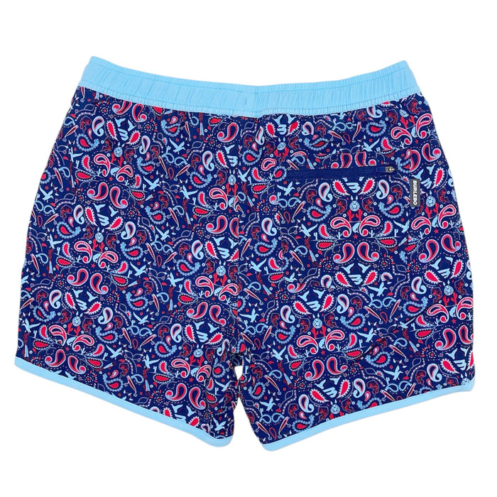 Burlebo Patriotic Paisley Men's Swim Trunks, sizes S-XXL. Back view of swim trunks featuring a zippered back pocket and red, white, and blue paisley pattern.