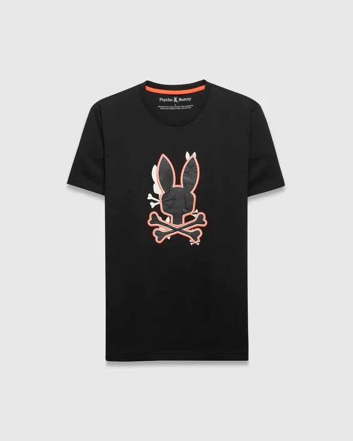 Mens Tanner Bunny Graphic Tee, black classic fit jersey t-shirt with a large central textured Psycho Bunny skull logo, outlined in vibrant orange and white, featuring orange neck tape.