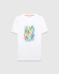 Mens Tanner Graphic Tee, a classic fit white jersey t-shirt featuring a large multicolor stacked Psycho Bunny skull and crossbones graphic print on the chest.