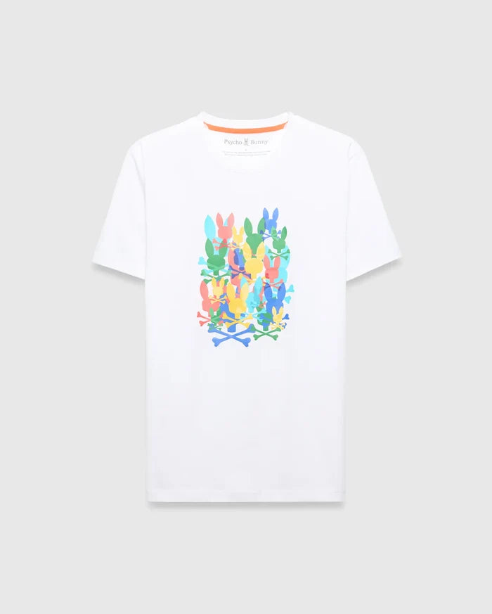 Mens Tanner Graphic Tee, a classic fit white jersey t-shirt featuring a large multicolor stacked Psycho Bunny skull and crossbones graphic print on the chest.