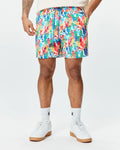 Mens Tanner Swim Trunk featuring a vibrant all-over print of colorful Psycho Bunny skull logos, crossbones, and abstract shapes, with a blue drawstring and a classic fit.