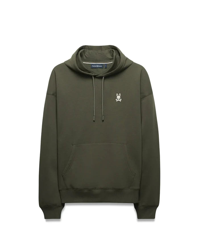 Mens Terrence Brushed Fleece Hoodie, olive green, relaxed fit, featuring a white embroidered Psycho Bunny skull logo on the left chest, a kangaroo pocket, and silver-tipped drawstrings.