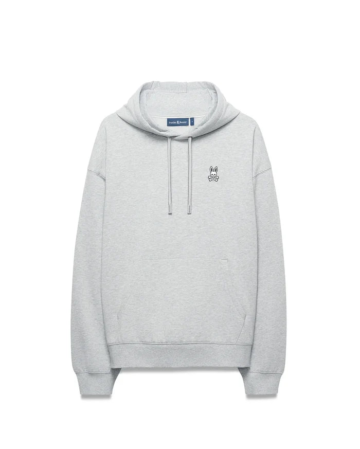 Mens Terrence Fleece Hoodie, light grey heather, relaxed fit, soft fleece with kangaroo pocket, drawstrings, and small embroidered black and white Psycho Bunny skull logo on left chest.
